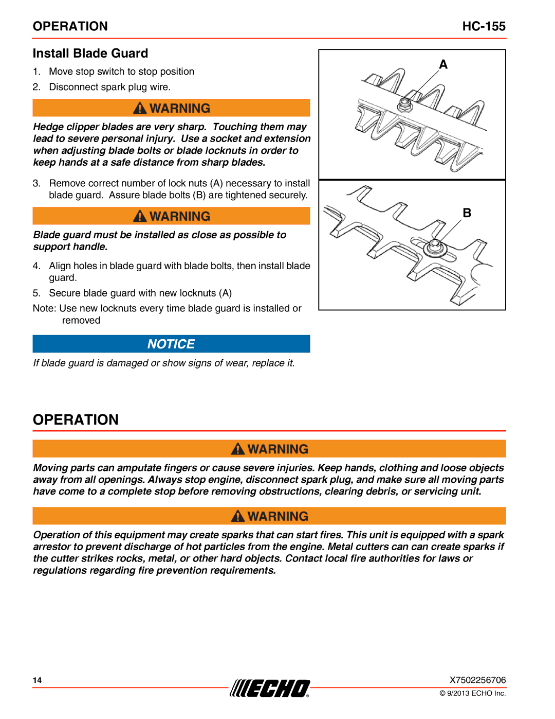 Echo HC-155 specifications Operation, Install Blade Guard 