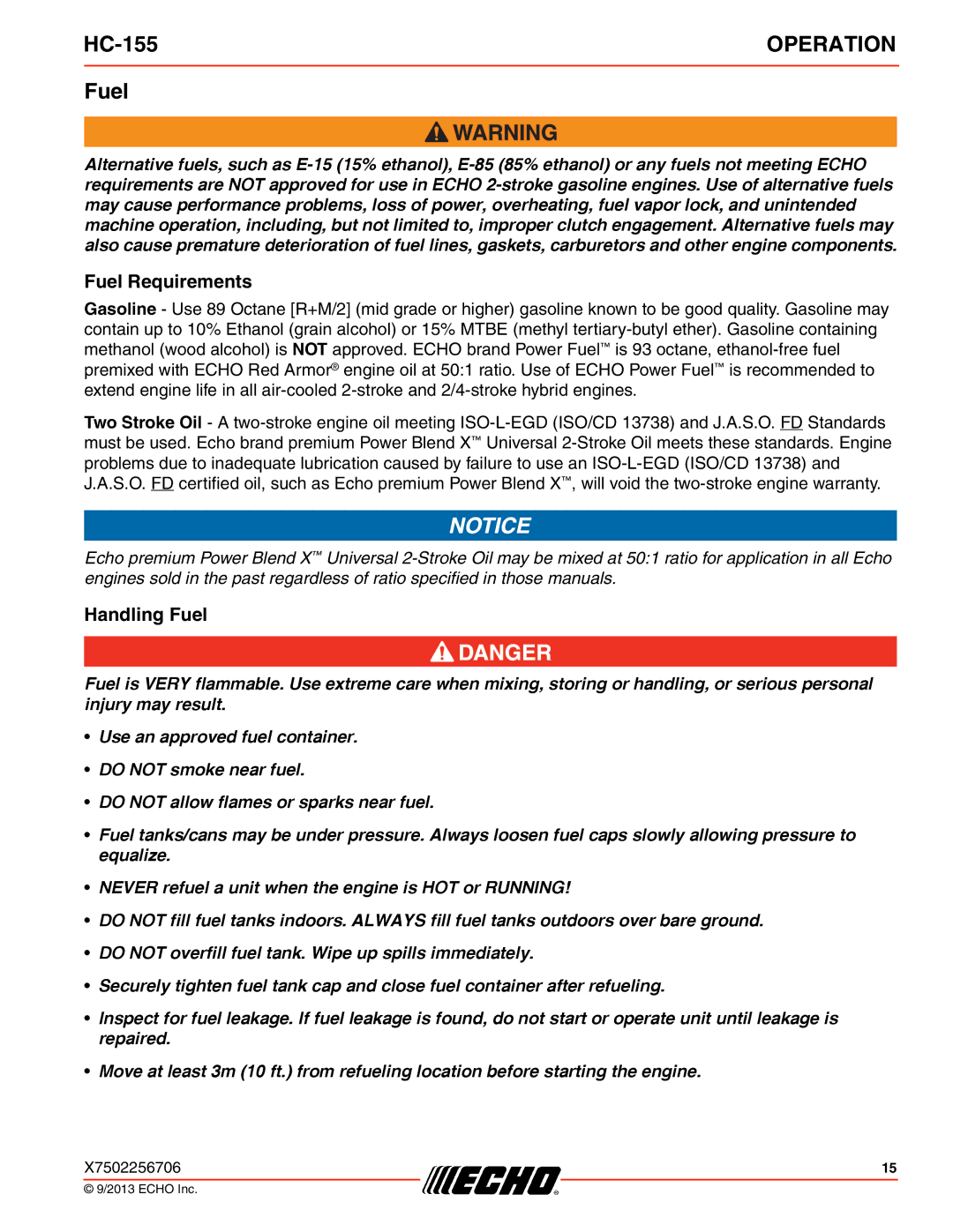 Echo HC-155 specifications Fuel Requirements, Handling Fuel 