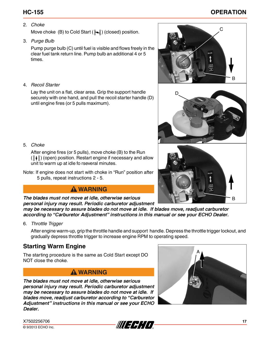 Echo HC-155 specifications Starting Warm Engine, Purge Bulb 