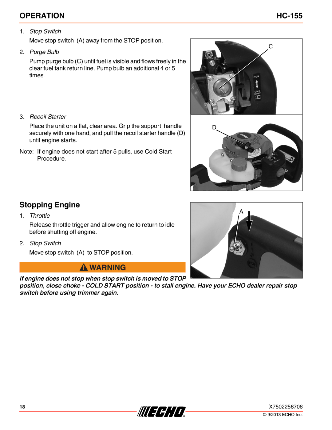 Echo HC-155 specifications Stopping Engine 