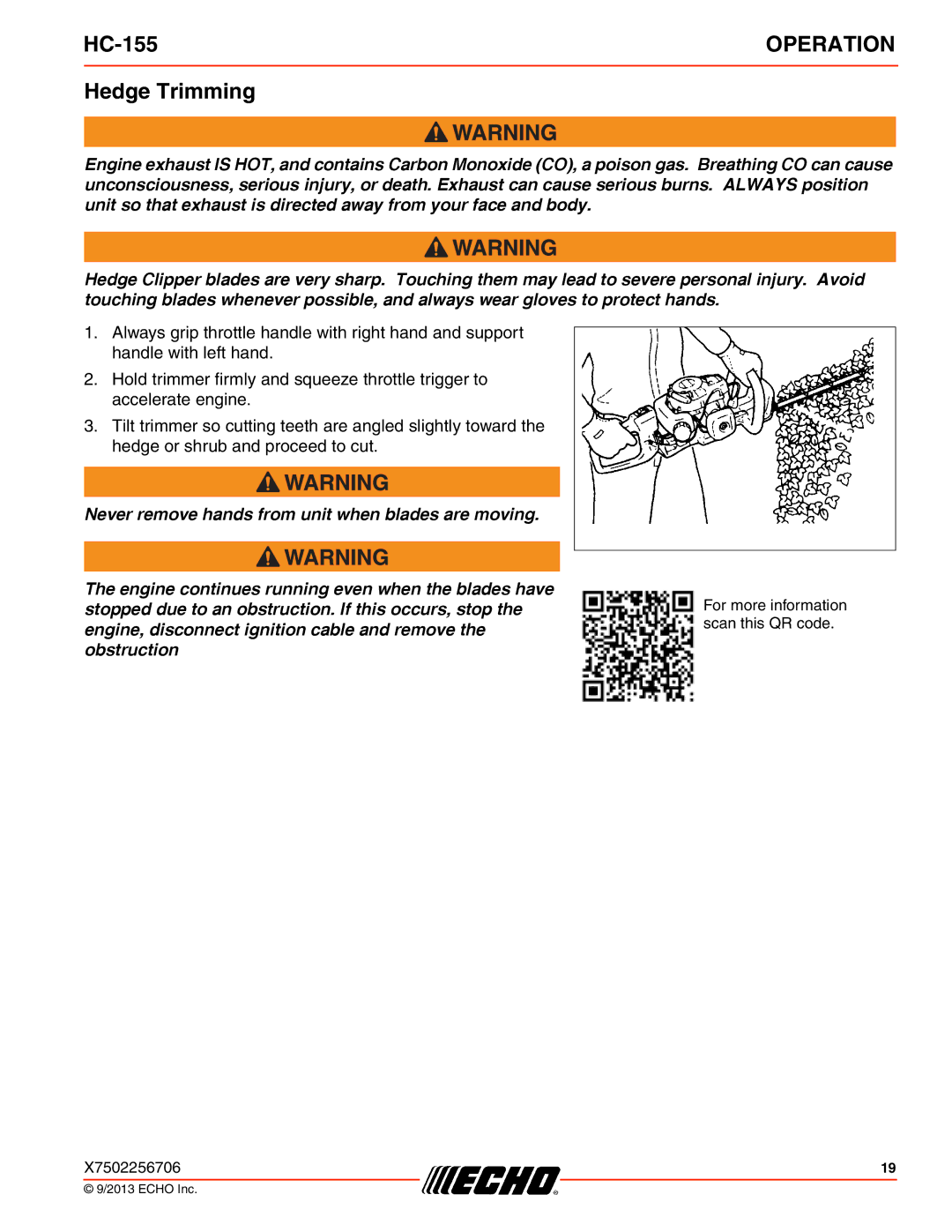 Echo HC-155 specifications Hedge Trimming 