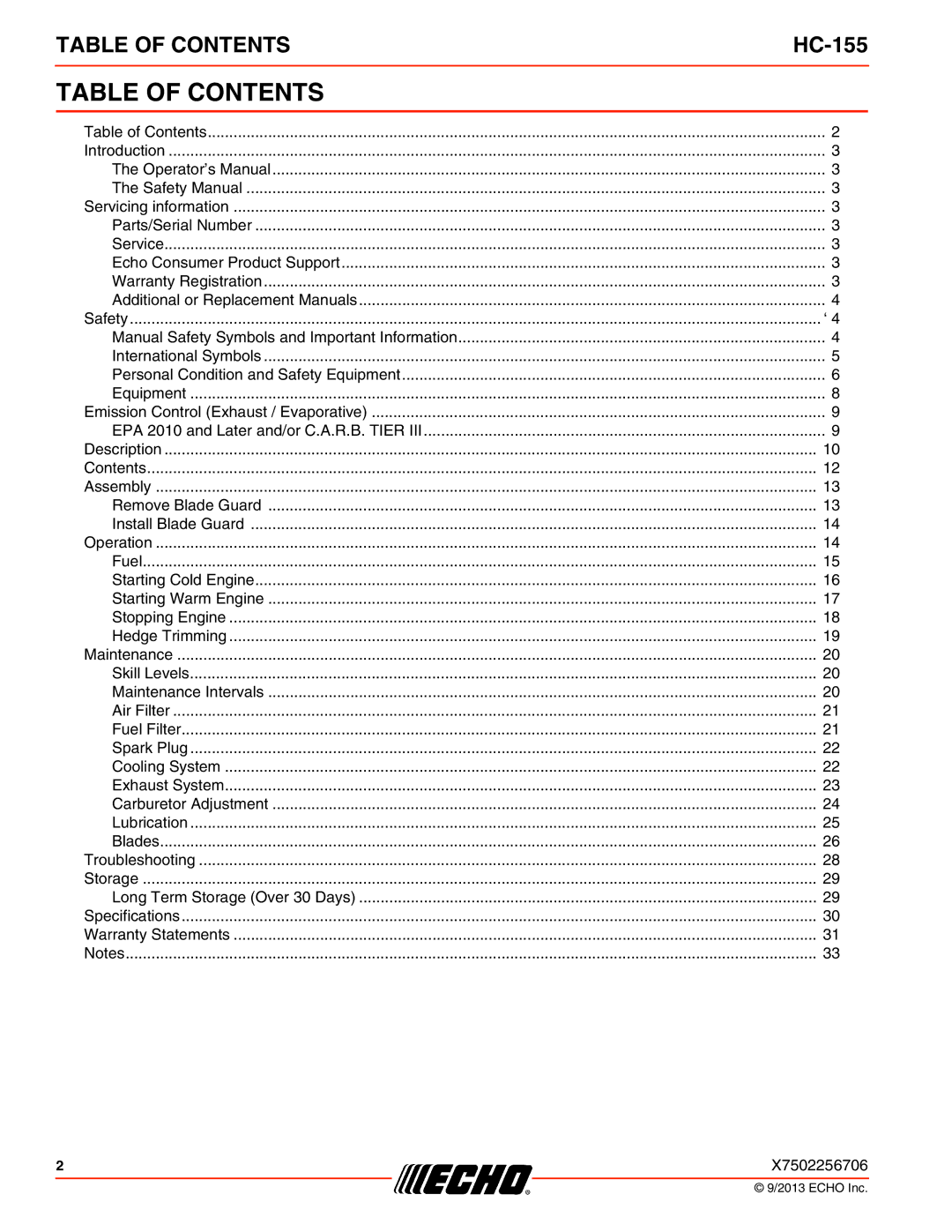 Echo HC-155 specifications Table of Contents 