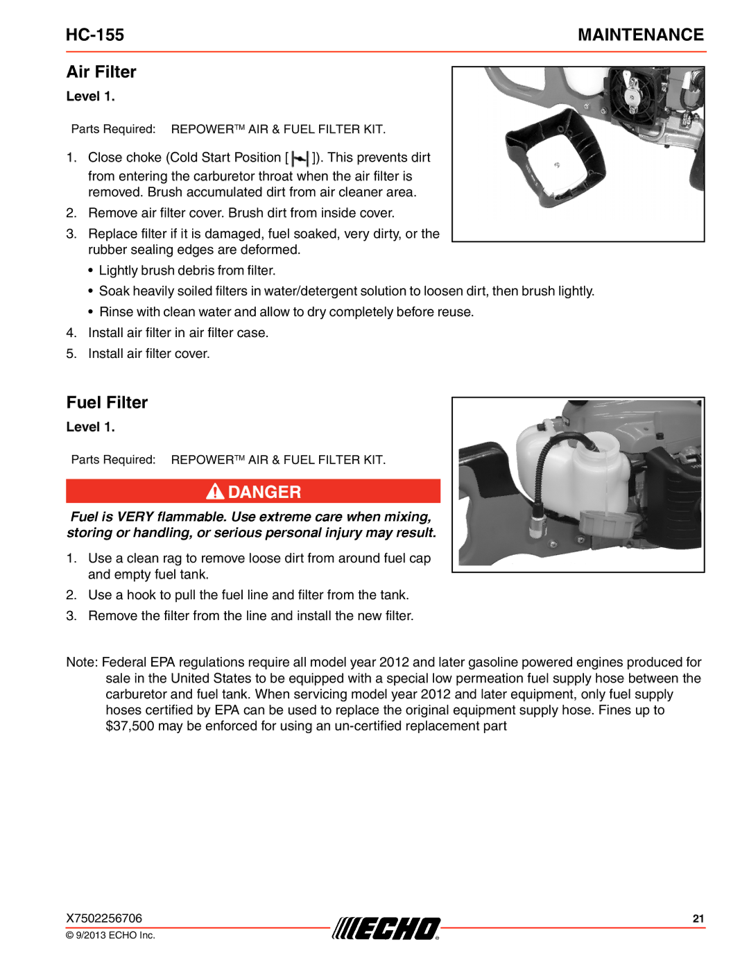 Echo HC-155 specifications Air Filter, Fuel Filter 