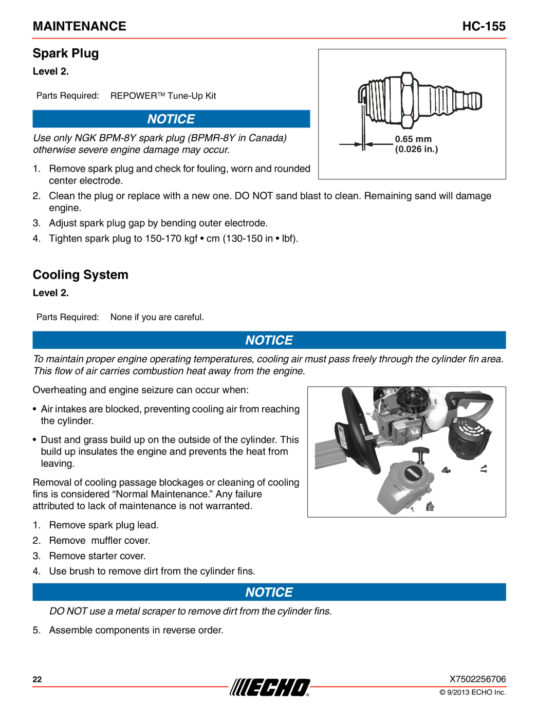 Echo HC-155 specifications Spark Plug, Cooling System 