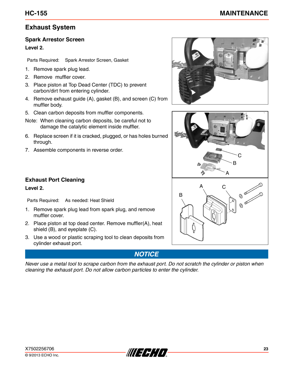 Echo HC-155 specifications Exhaust System, Spark Arrestor Screen, Exhaust Port Cleaning 