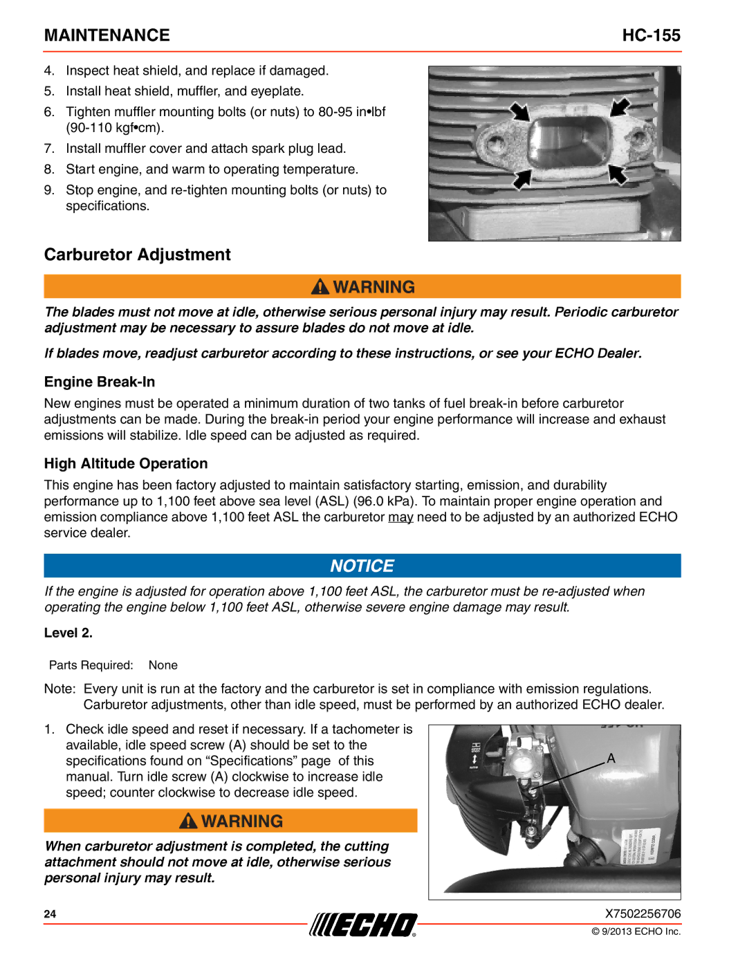 Echo HC-155 specifications Carburetor Adjustment, Engine Break-In, High Altitude Operation 