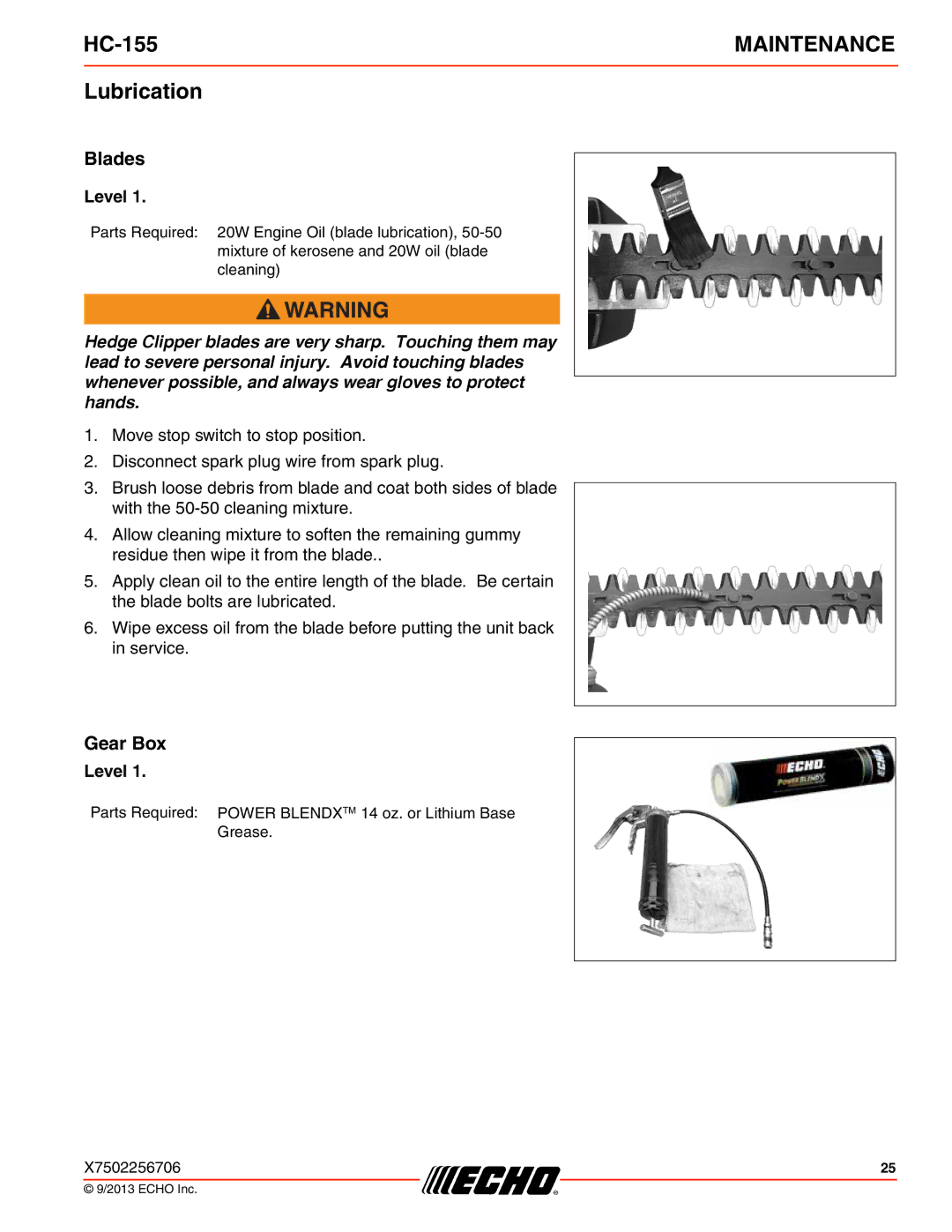 Echo HC-155 specifications Lubrication, Blades, Gear Box 