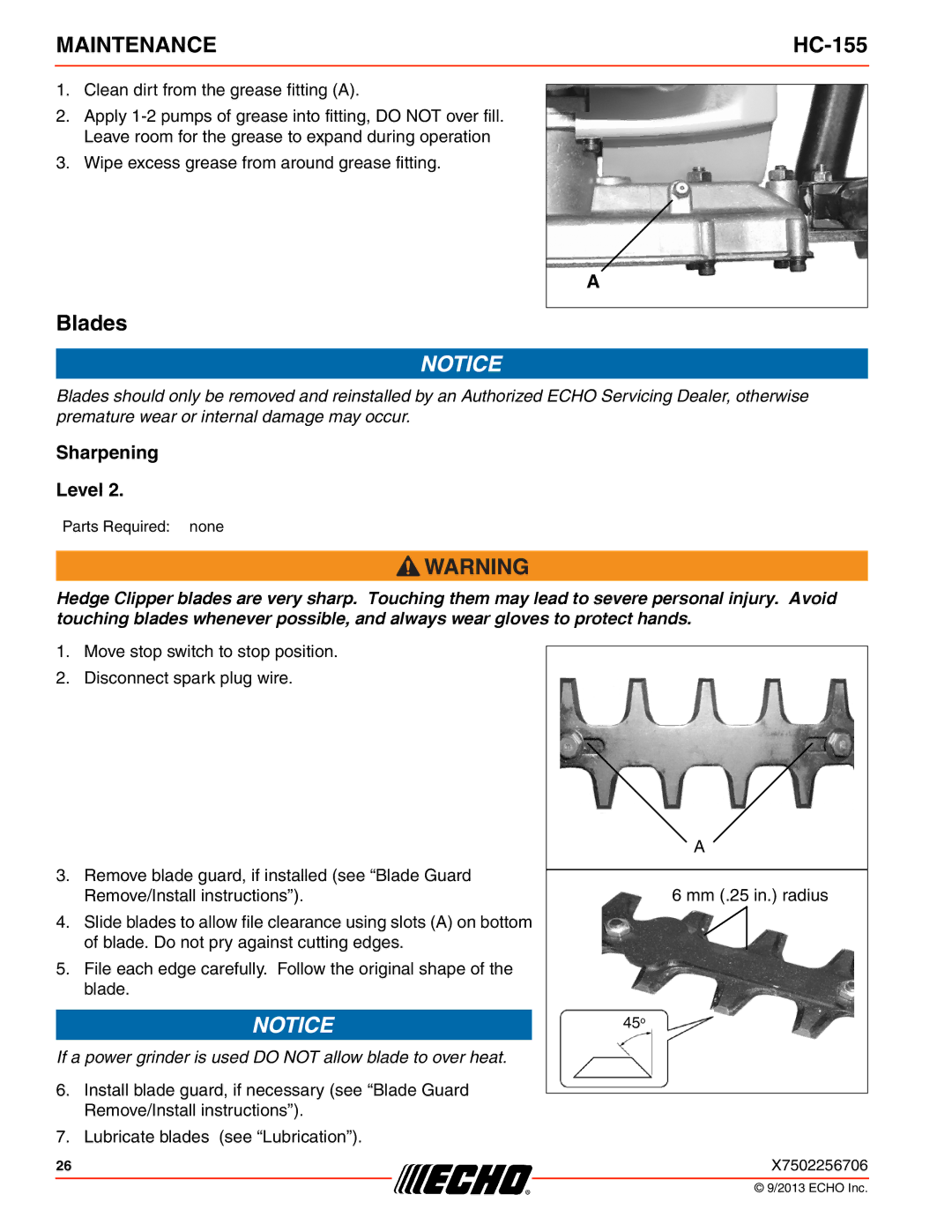 Echo HC-155 specifications Blades, Sharpening Level 