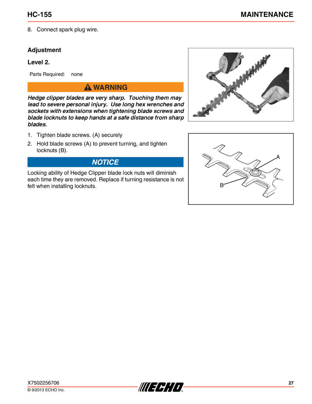 Echo HC-155 specifications Adjustment Level 