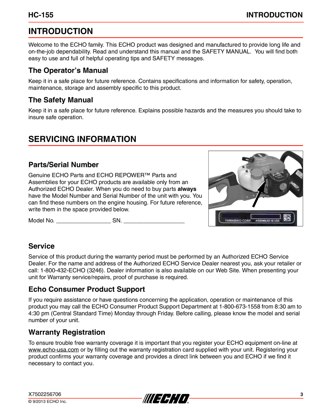 Echo HC-155 specifications Introduction, Servicing Information 