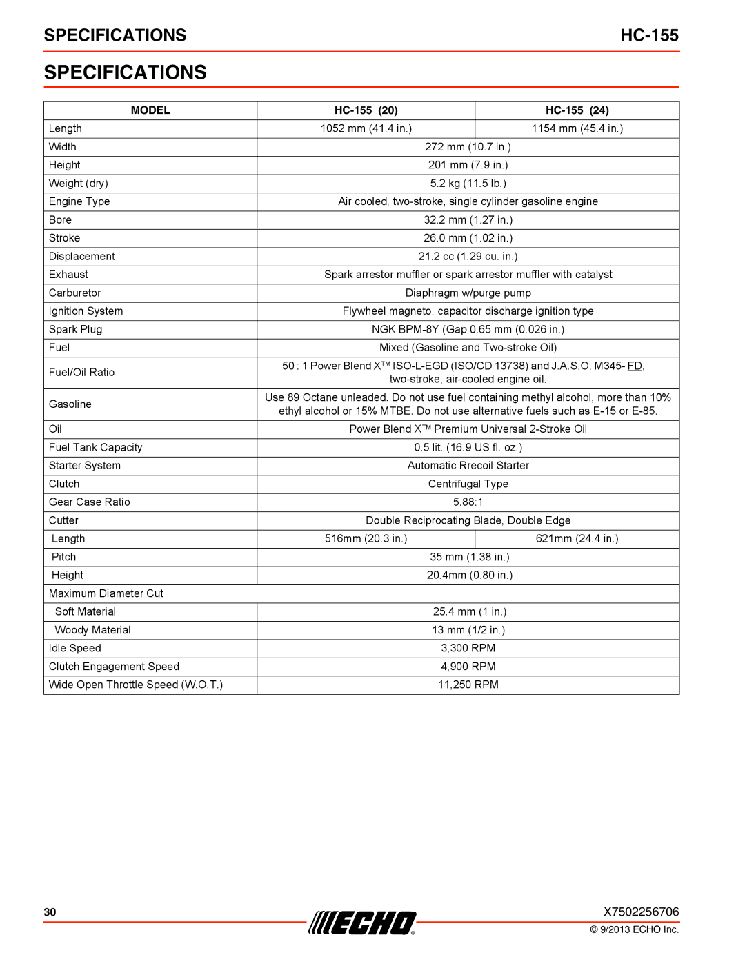 Echo HC-155 specifications Specifications, Model 