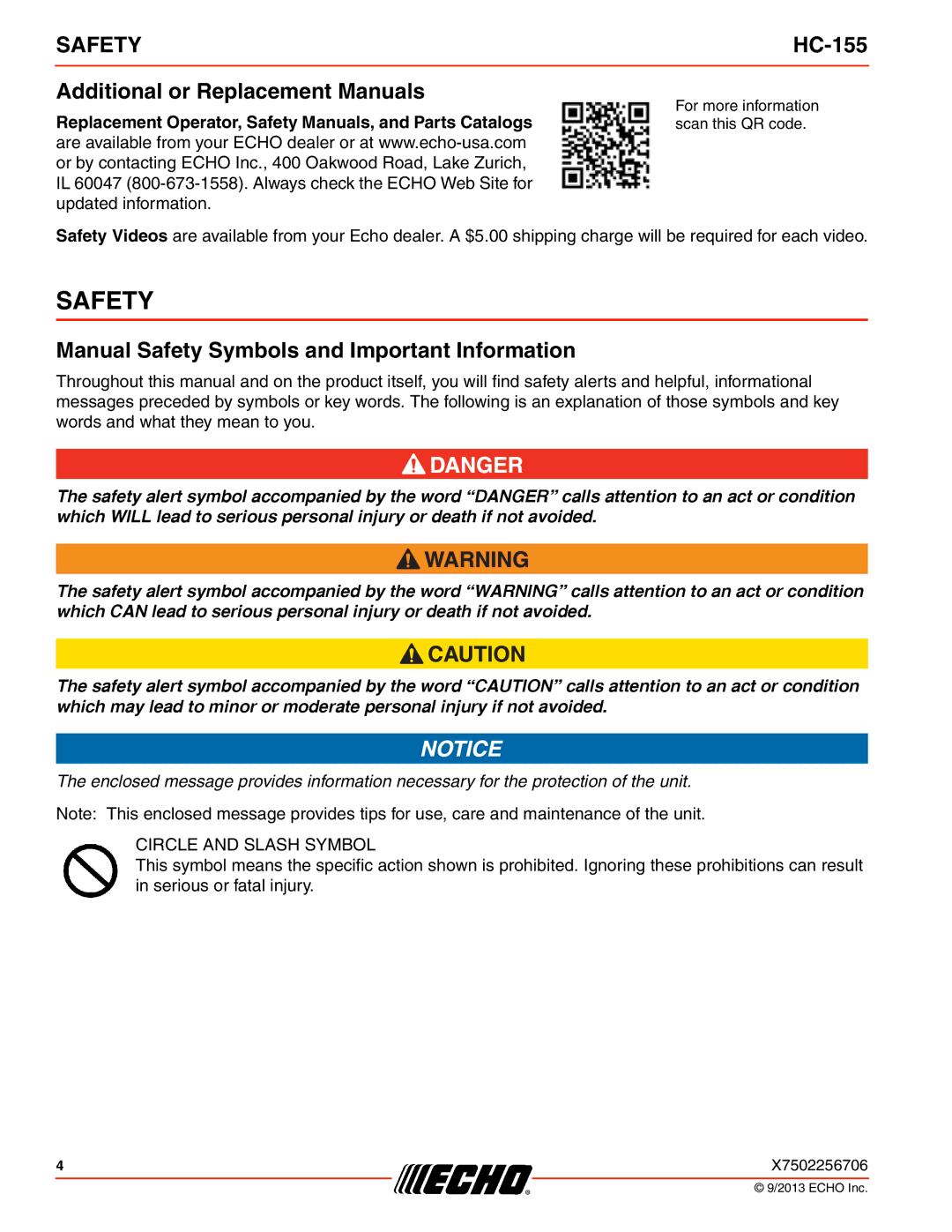 Echo HC-155 specifications Additional or Replacement Manuals, Manual Safety Symbols and Important Information 