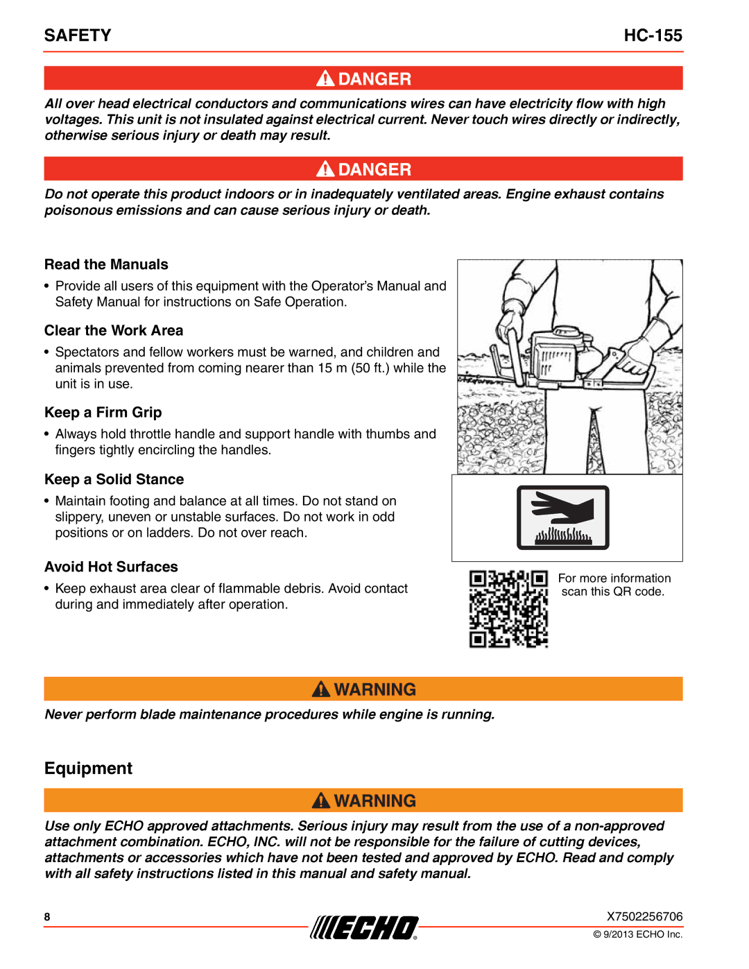 Echo HC-155 specifications Equipment 