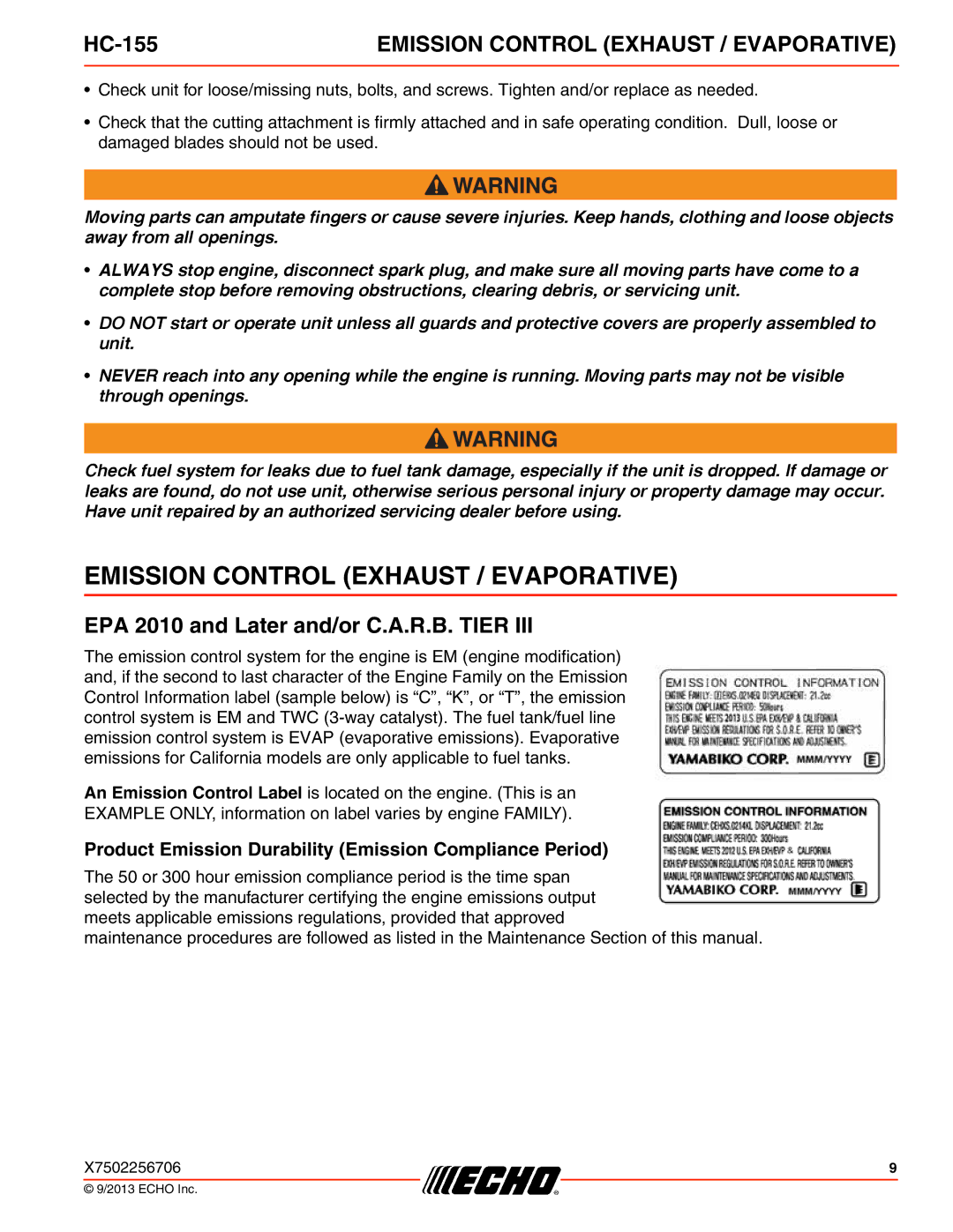 Echo HC-155 specifications Emission Control Exhaust / Evaporative, EPA 2010 and Later and/or C.A.R.B. Tier 