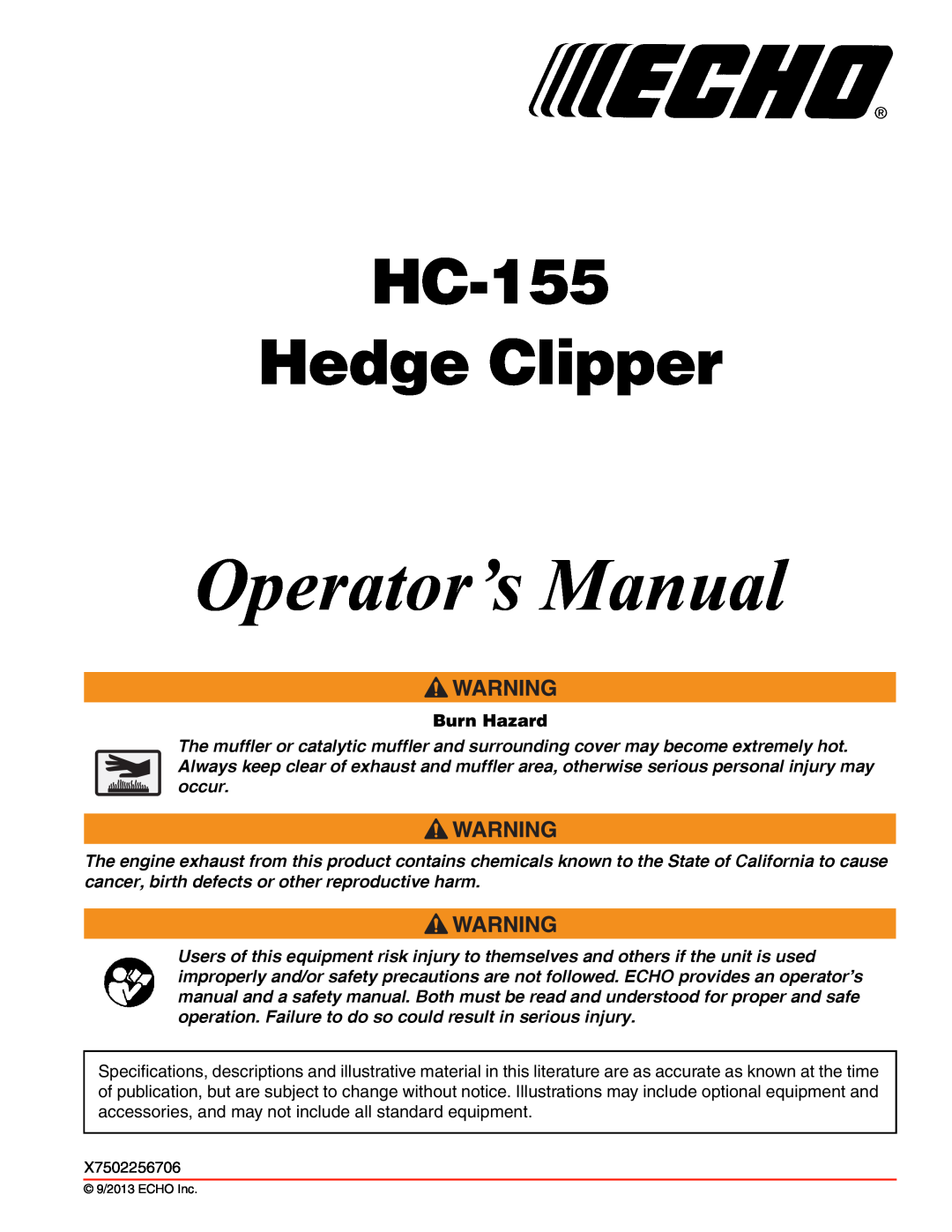 Echo specifications Burn Hazard, Operator’s Manual, HC-155 Hedge Clipper 