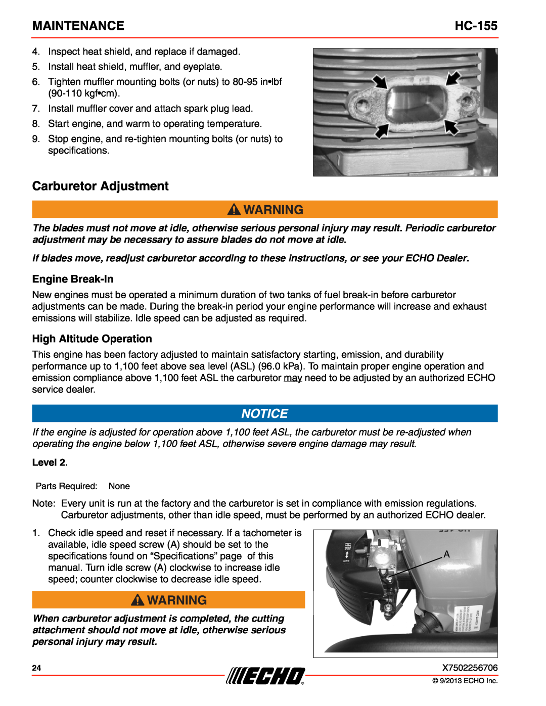 Echo HC-155 specifications Carburetor Adjustment, Engine Break-In, High Altitude Operation, Maintenance, Level 