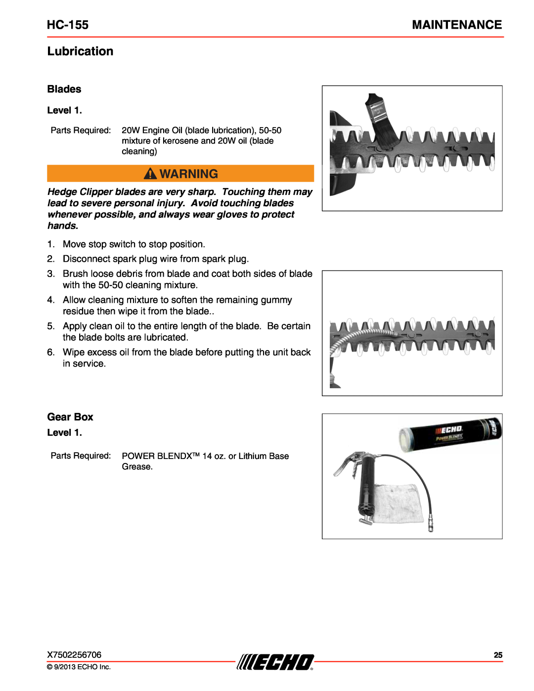 Echo HC-155 specifications Lubrication, Blades, Gear Box, Maintenance, Level 