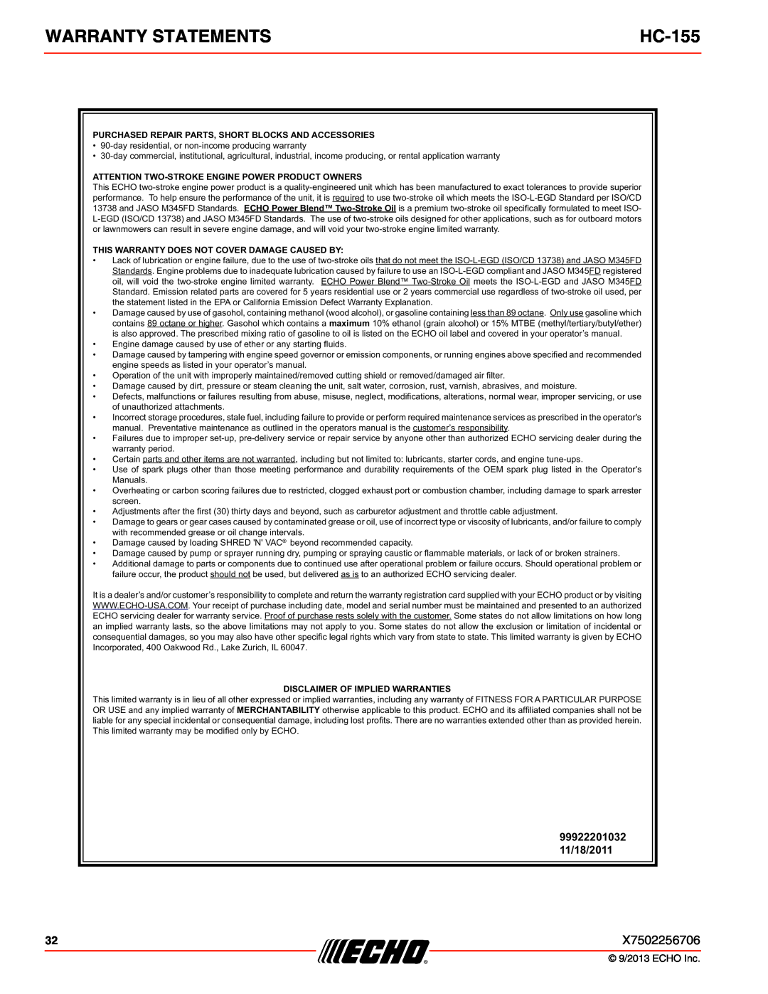 Echo HC-155 specifications Warranty Statements, 99922201032 11/18/2011 
