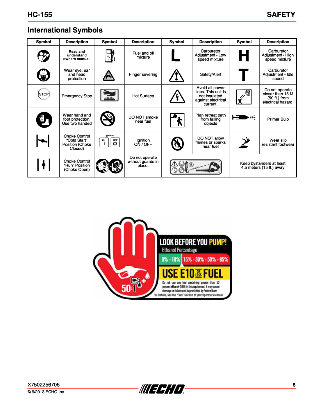 Echo HC-155 specifications International Symbols, Safety 