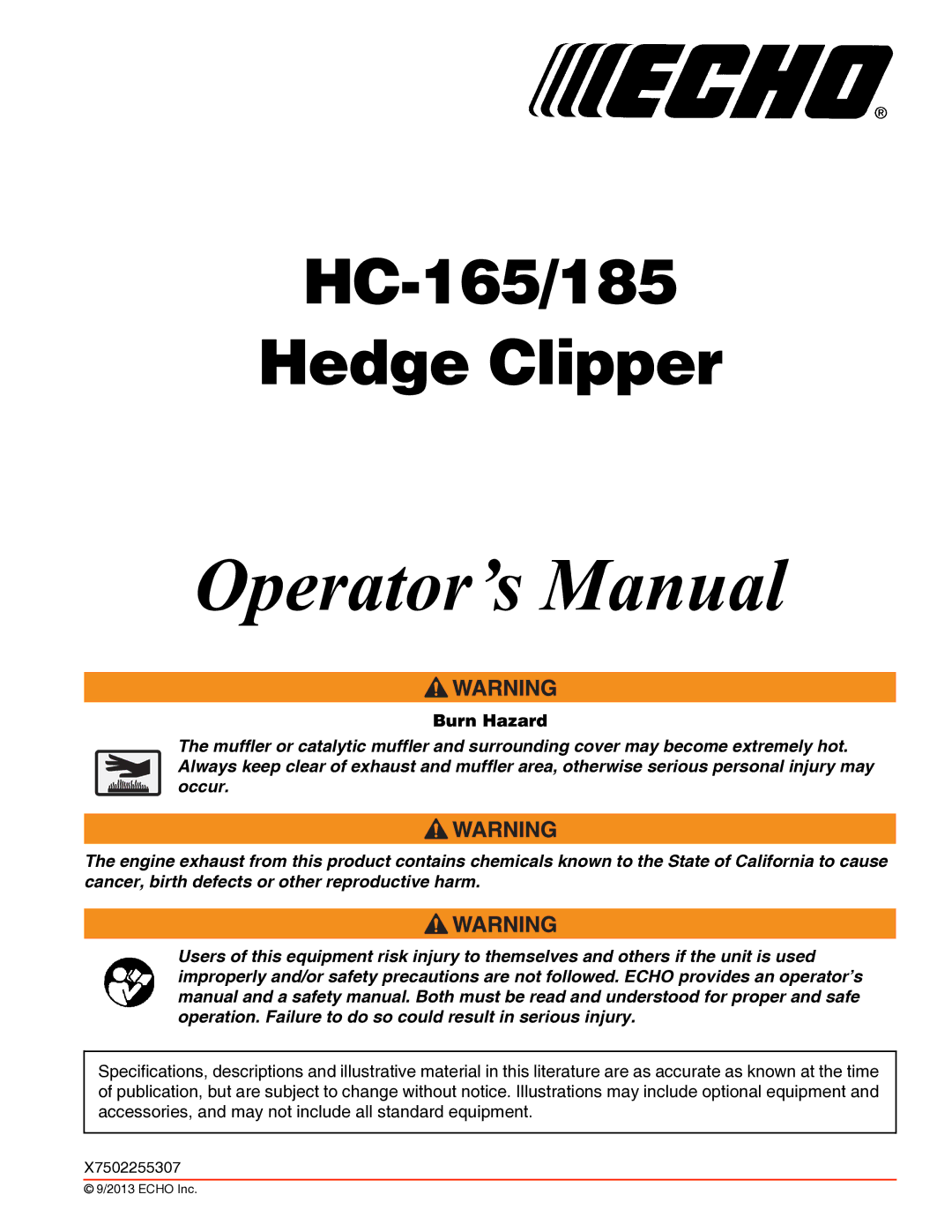 Echo HC-165/185 specifications Operator’s Manual 