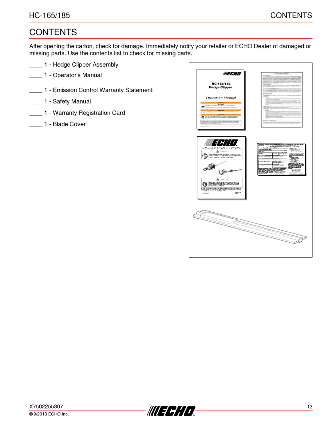 Echo HC-165/185 specifications Contents 