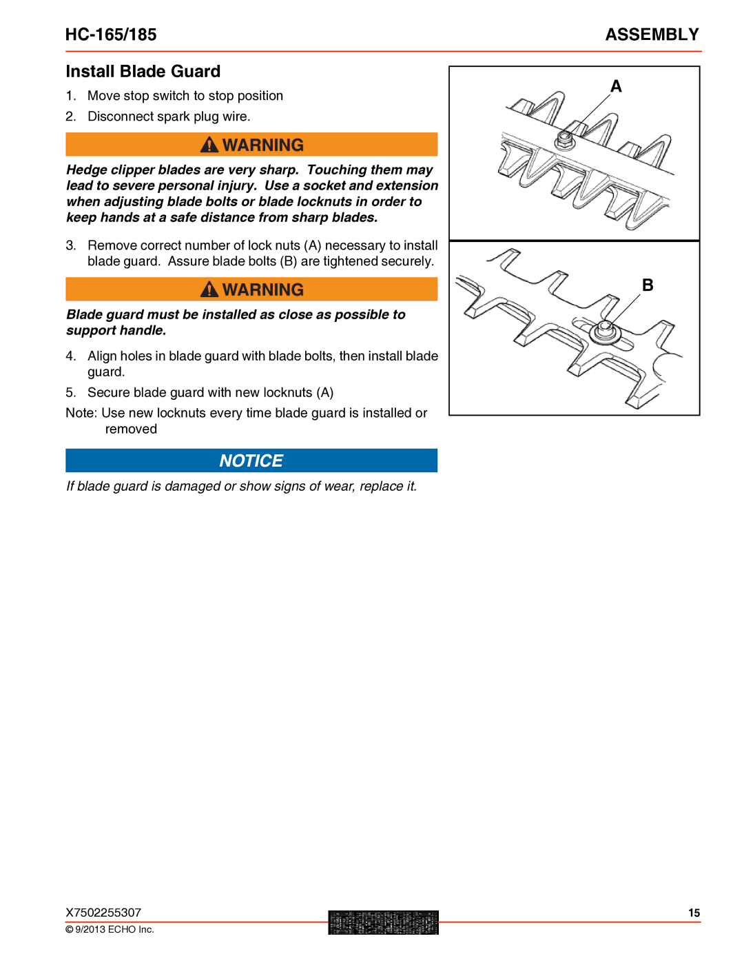 Echo HC-165/185 specifications Install Blade Guard 