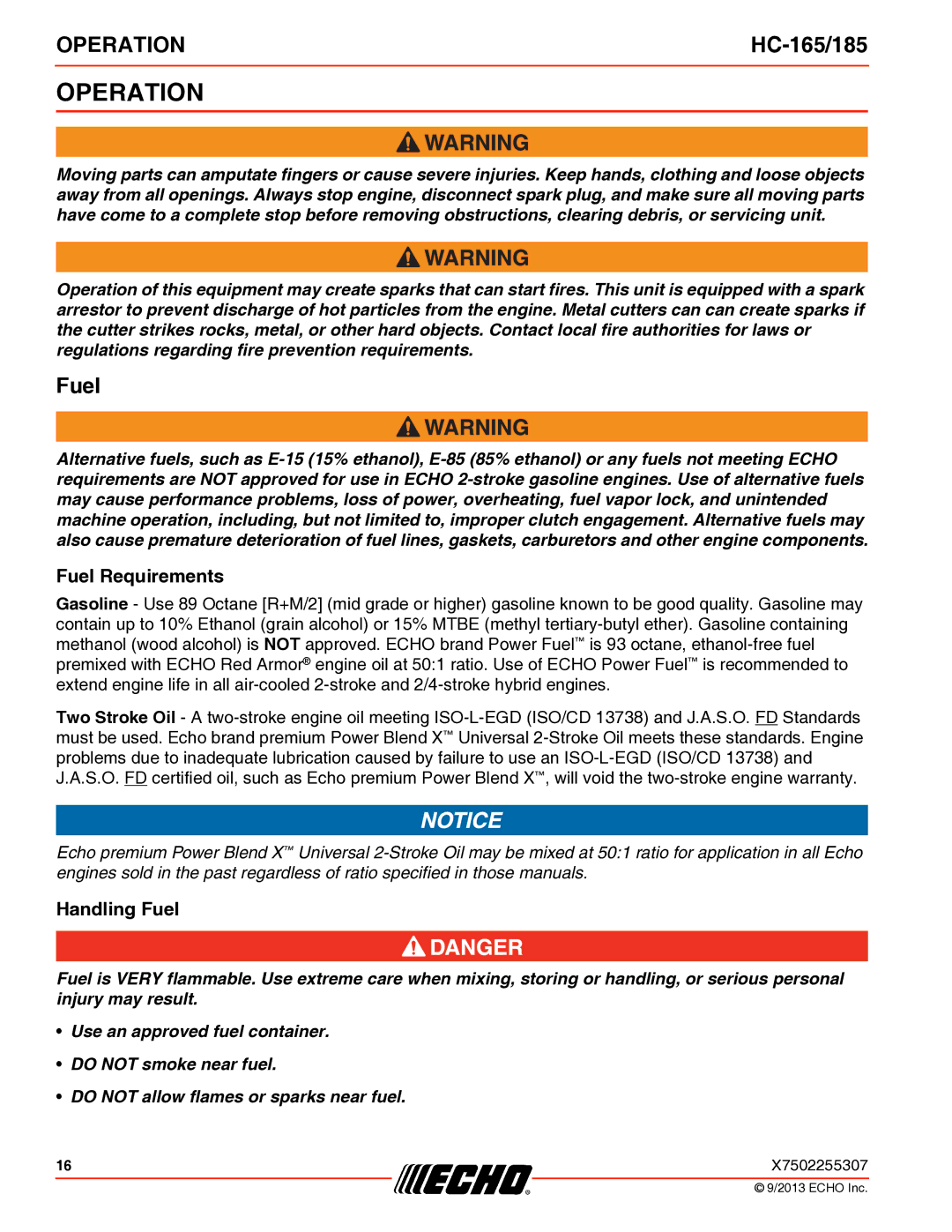 Echo HC-165/185 specifications Operation, Fuel Requirements, Handling Fuel 