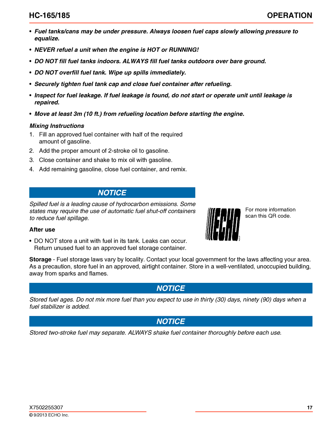 Echo HC-165/185 specifications After use 