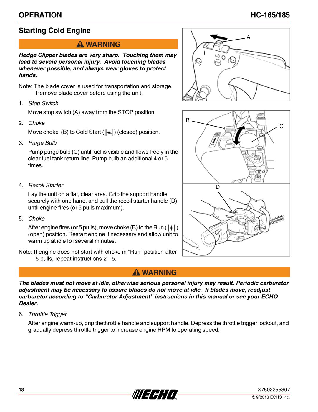 Echo HC-165/185 specifications Starting Cold Engine, Purge Bulb 