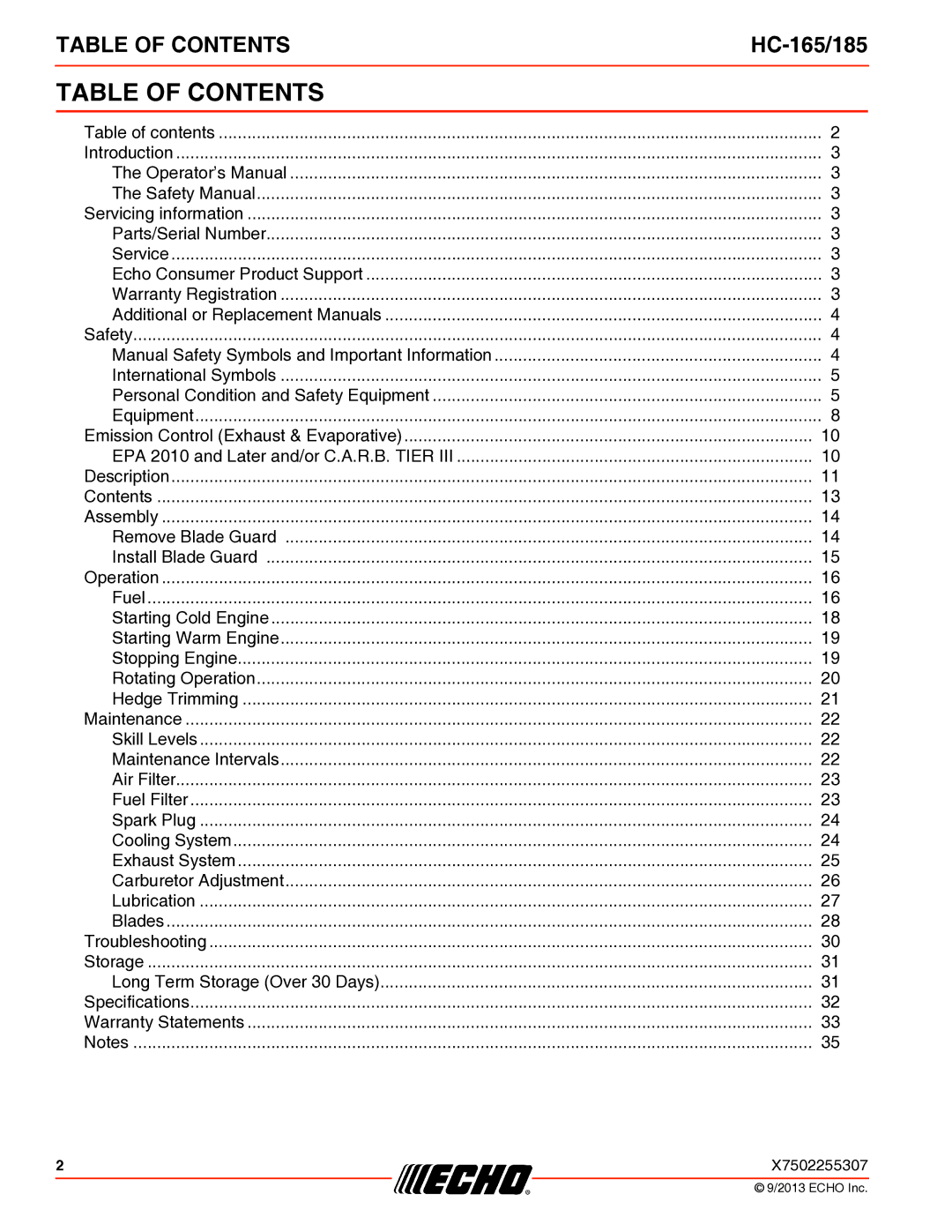 Echo HC-165/185 specifications Table of Contents 