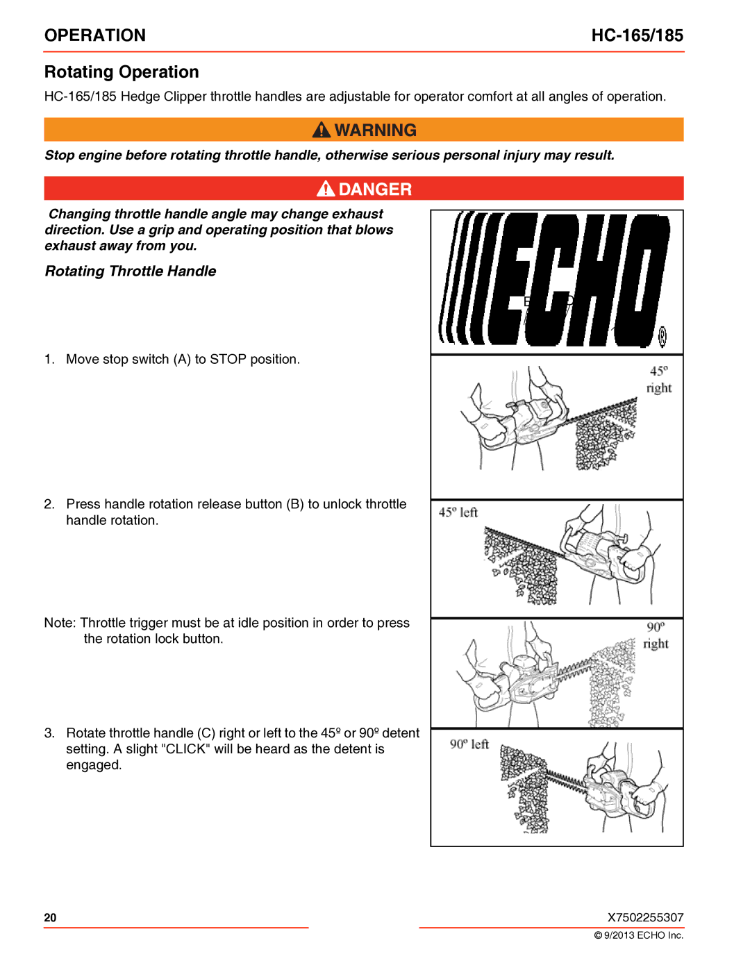 Echo HC-165/185 specifications Rotating Operation, Rotating Throttle Handle 