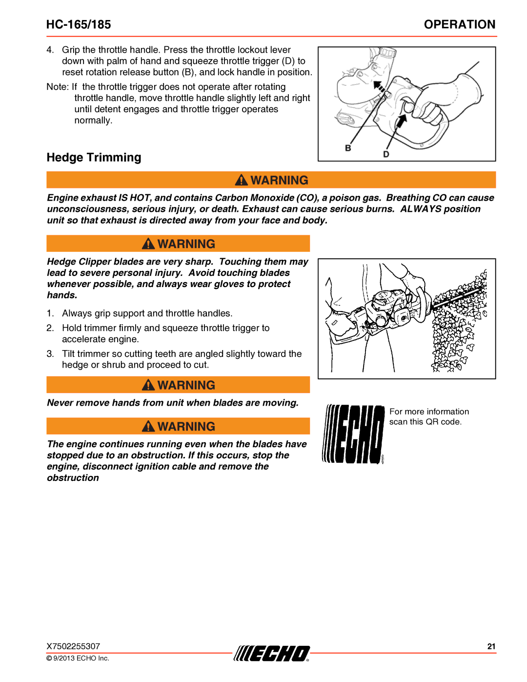 Echo HC-165/185 specifications Hedge Trimming 