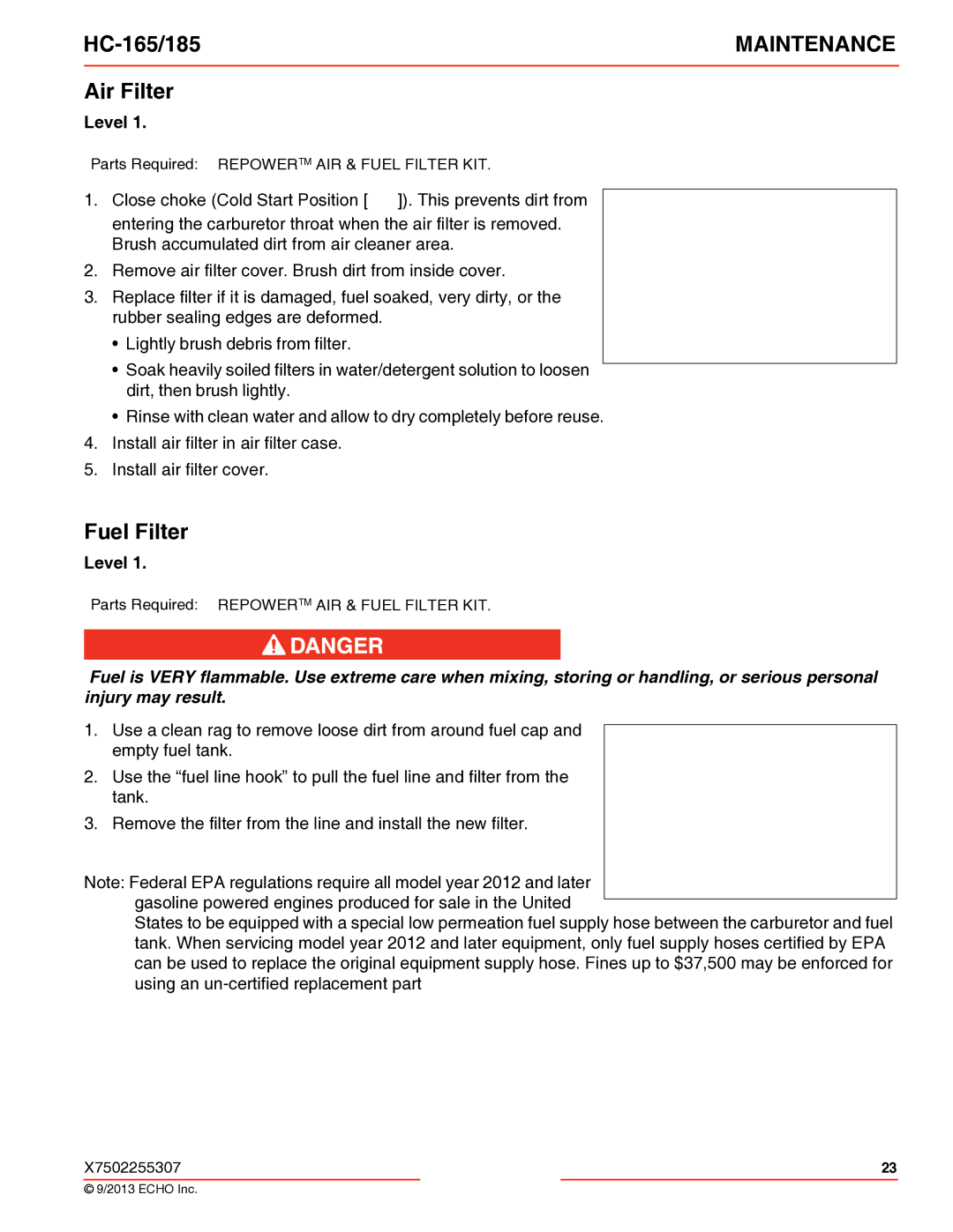 Echo HC-165/185 specifications Air Filter, Fuel Filter 