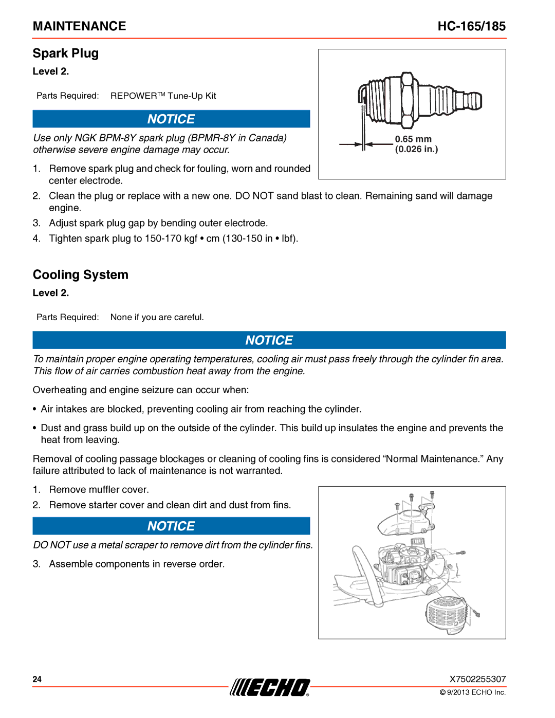 Echo HC-165/185 specifications Spark Plug, Cooling System 