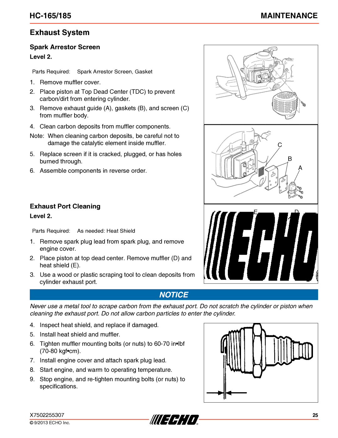 Echo HC-165/185 specifications Exhaust System, Spark Arrestor Screen, Exhaust Port Cleaning 