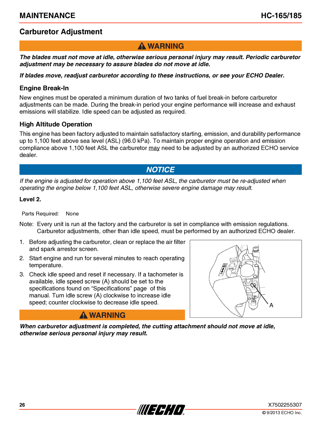 Echo HC-165/185 specifications Carburetor Adjustment, Engine Break-In, High Altitude Operation 