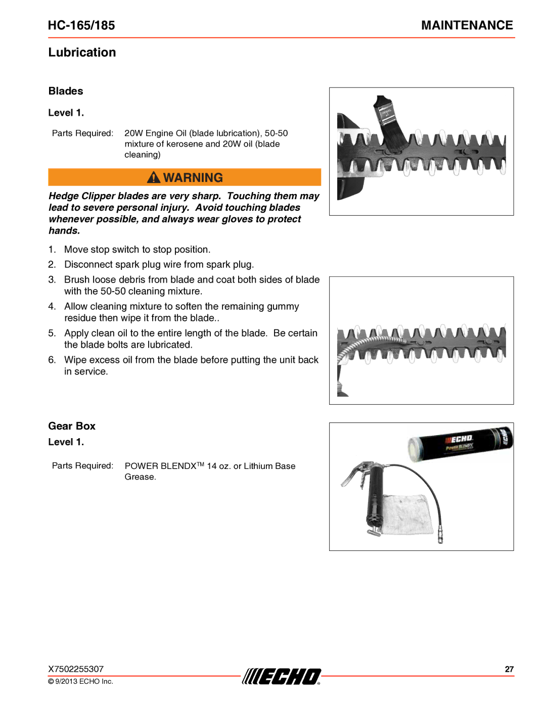 Echo HC-165/185 specifications Lubrication, Blades, Gear Box 