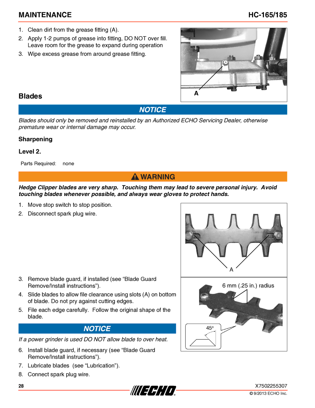 Echo HC-165/185 specifications Blades, Sharpening Level 