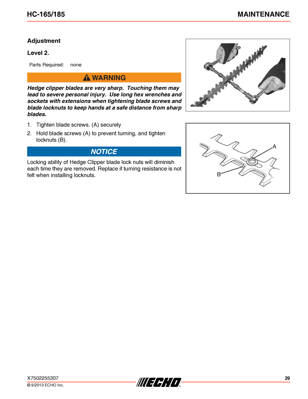 Echo HC-165/185 specifications Adjustment Level 