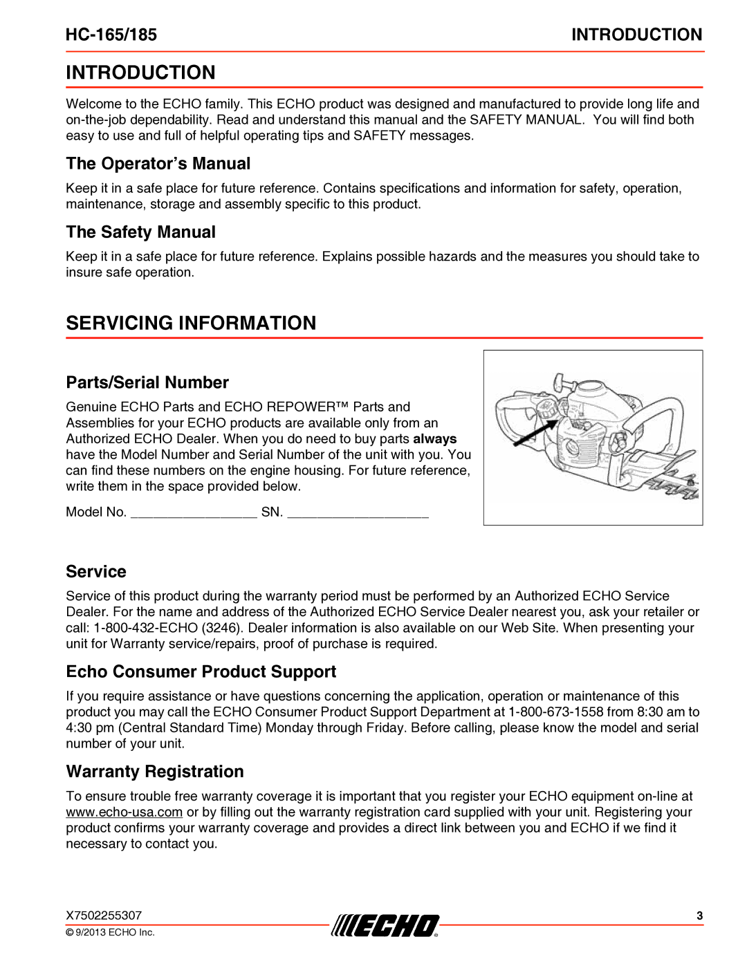 Echo HC-165/185 specifications Introduction, Servicing Information 