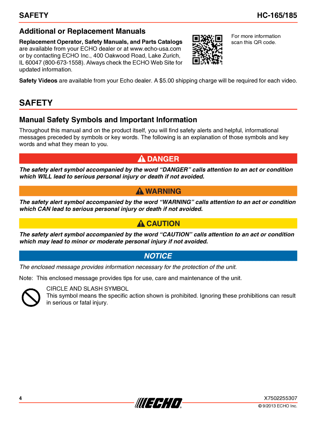 Echo HC-165/185 specifications Additional or Replacement Manuals, Manual Safety Symbols and Important Information 