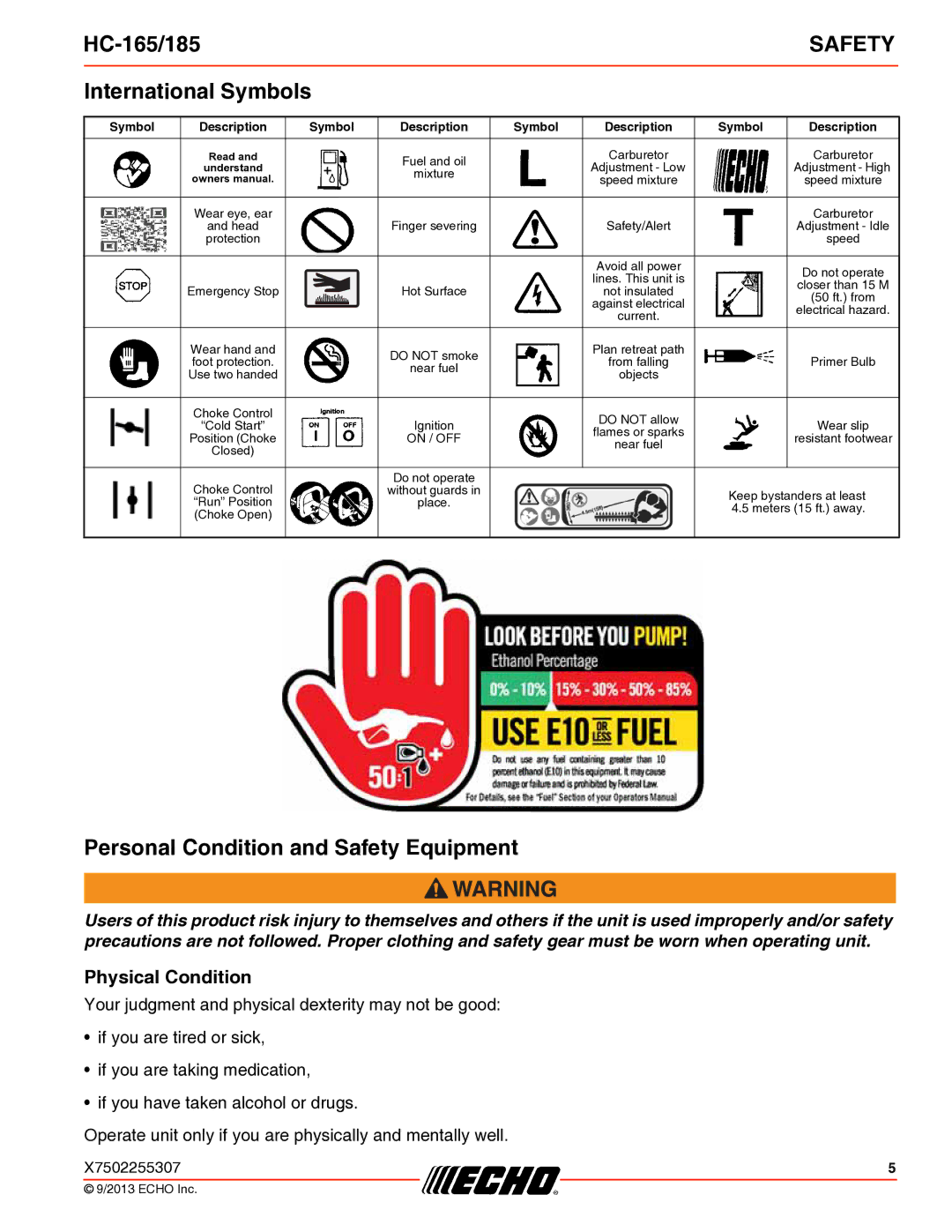 Echo HC-165/185 specifications International Symbols, Personal Condition and Safety Equipment, Physical Condition 