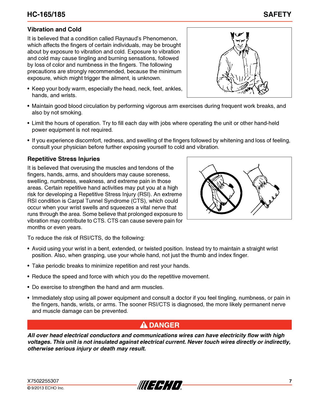 Echo HC-165/185 specifications Vibration and Cold, Repetitive Stress Injuries 