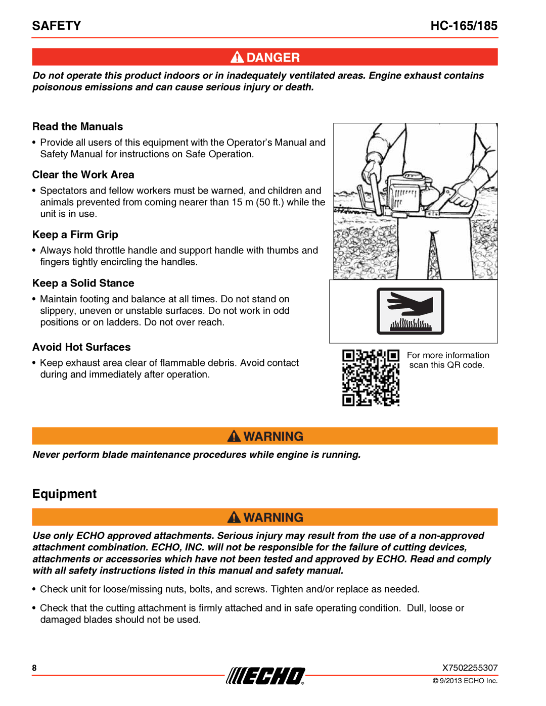 Echo HC-165/185 specifications Equipment 