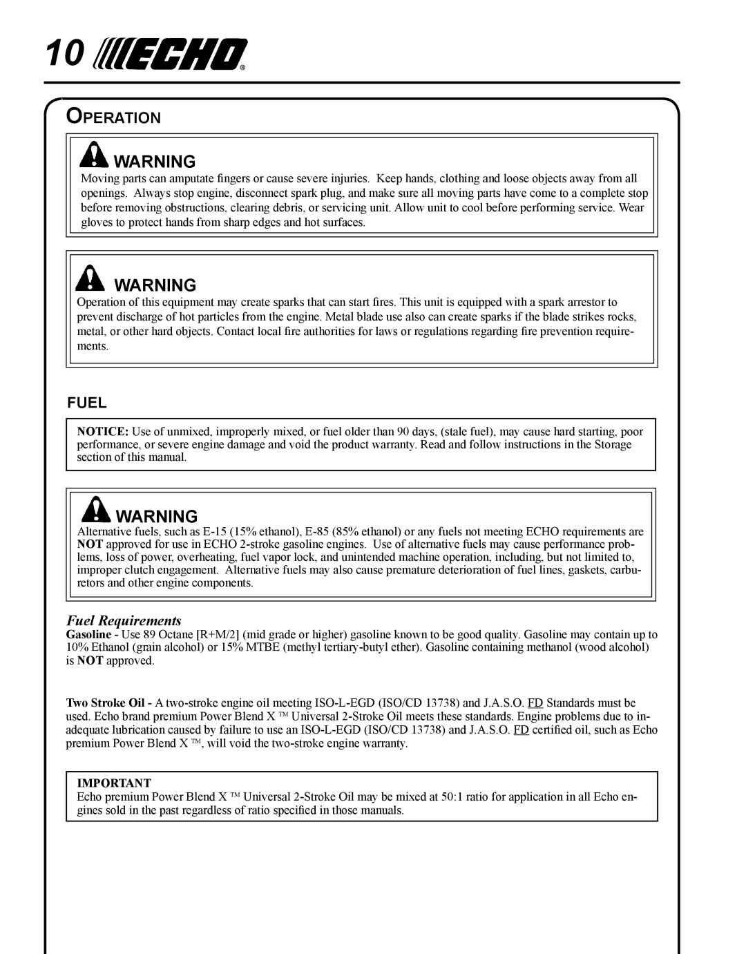 Echo HC-235 manual Operation, Fuel Requirements 