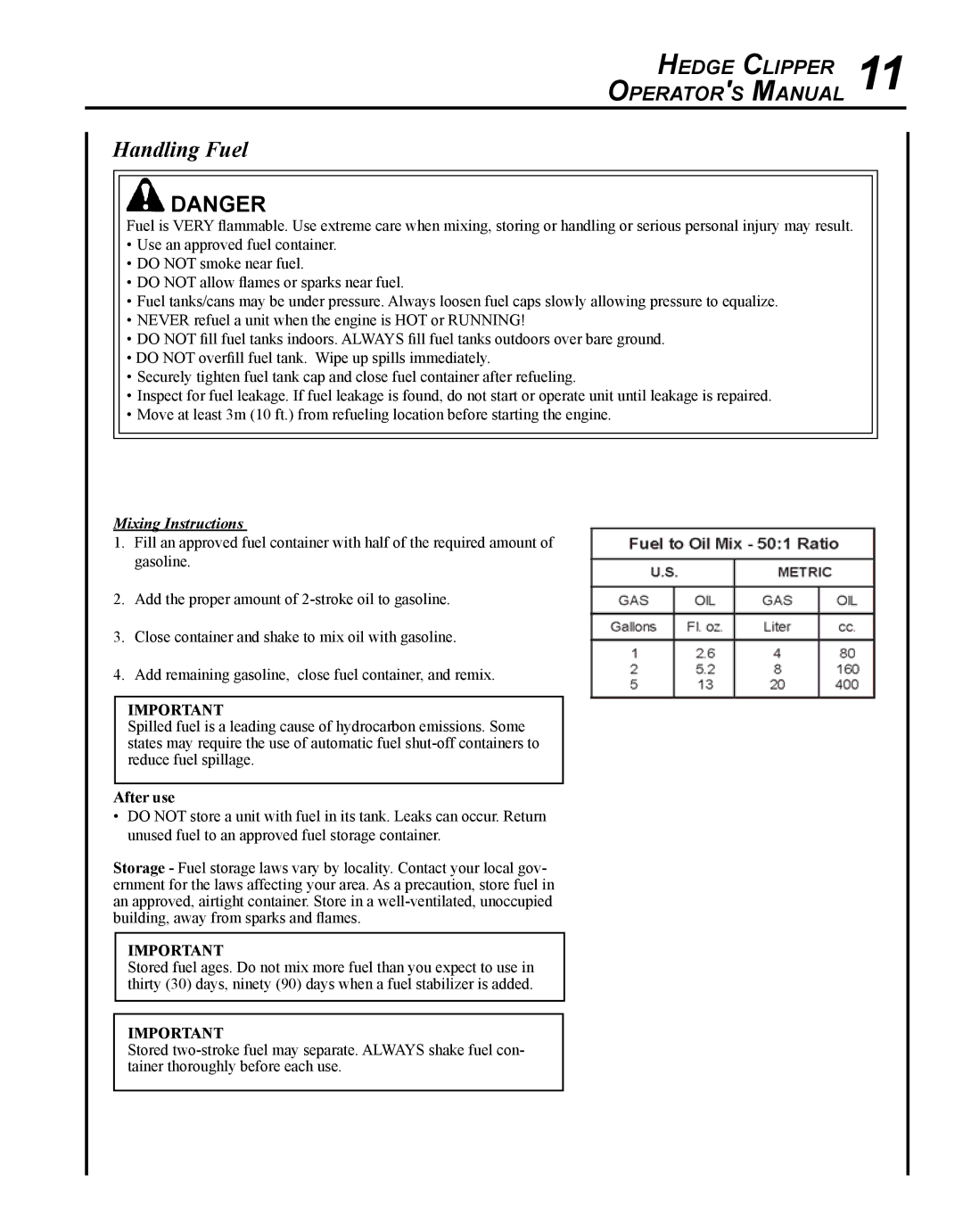 Echo HC-235 manual Handling Fuel, Mixing Instructions 