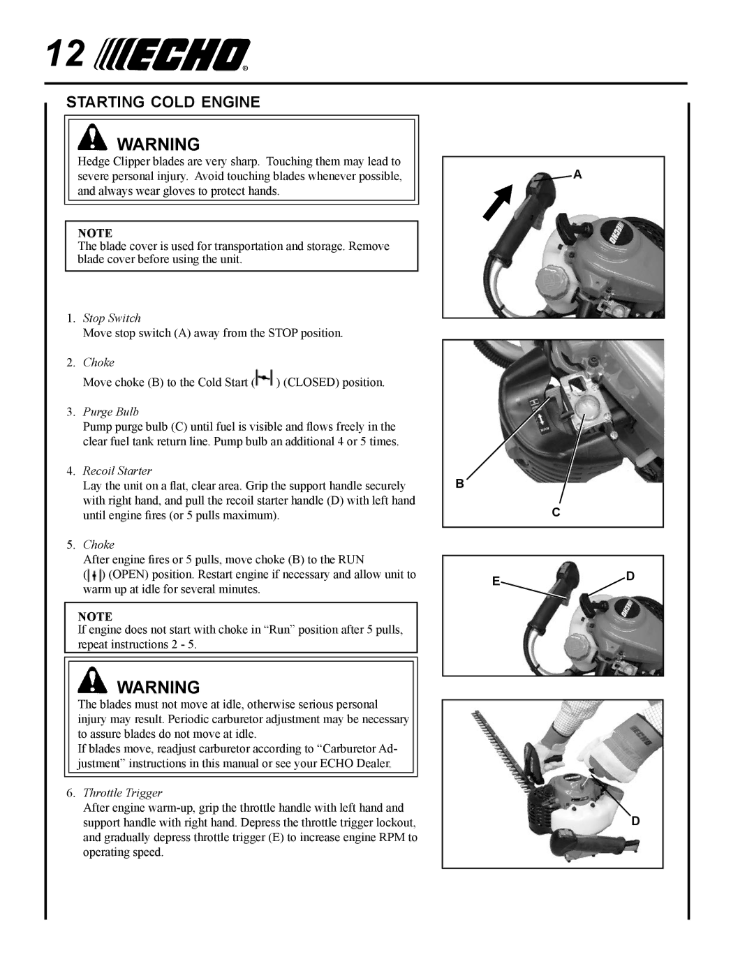 Echo HC-235 manual Starting cold engine, Purge Bulb 