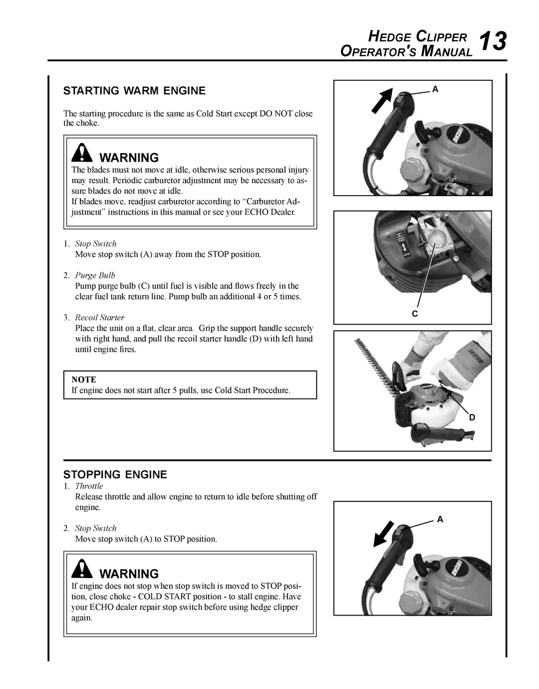 Echo HC-235 manual Starting warm engine, Stopping engine 