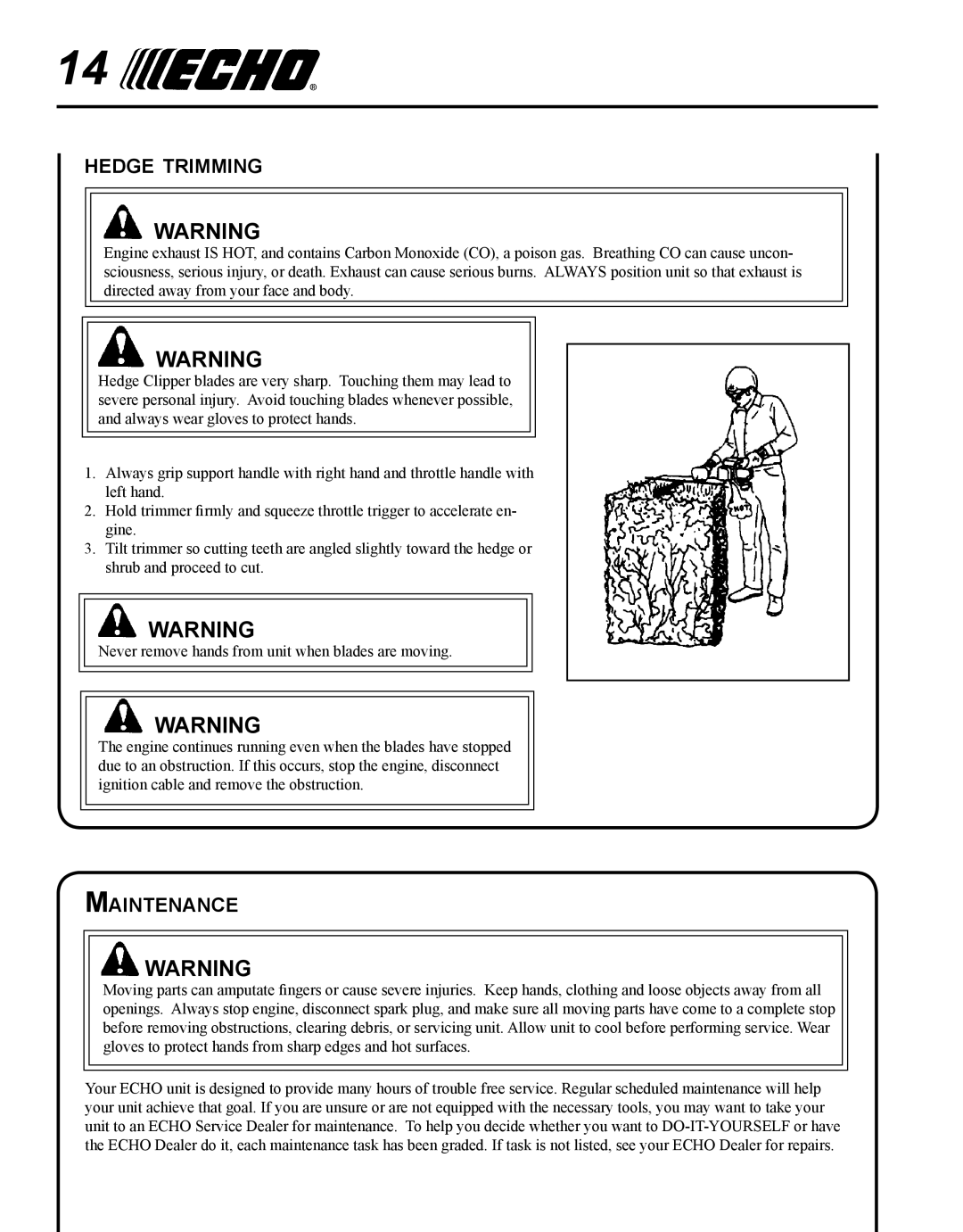 Echo HC-235 manual Hedge trimming, Maintenance 