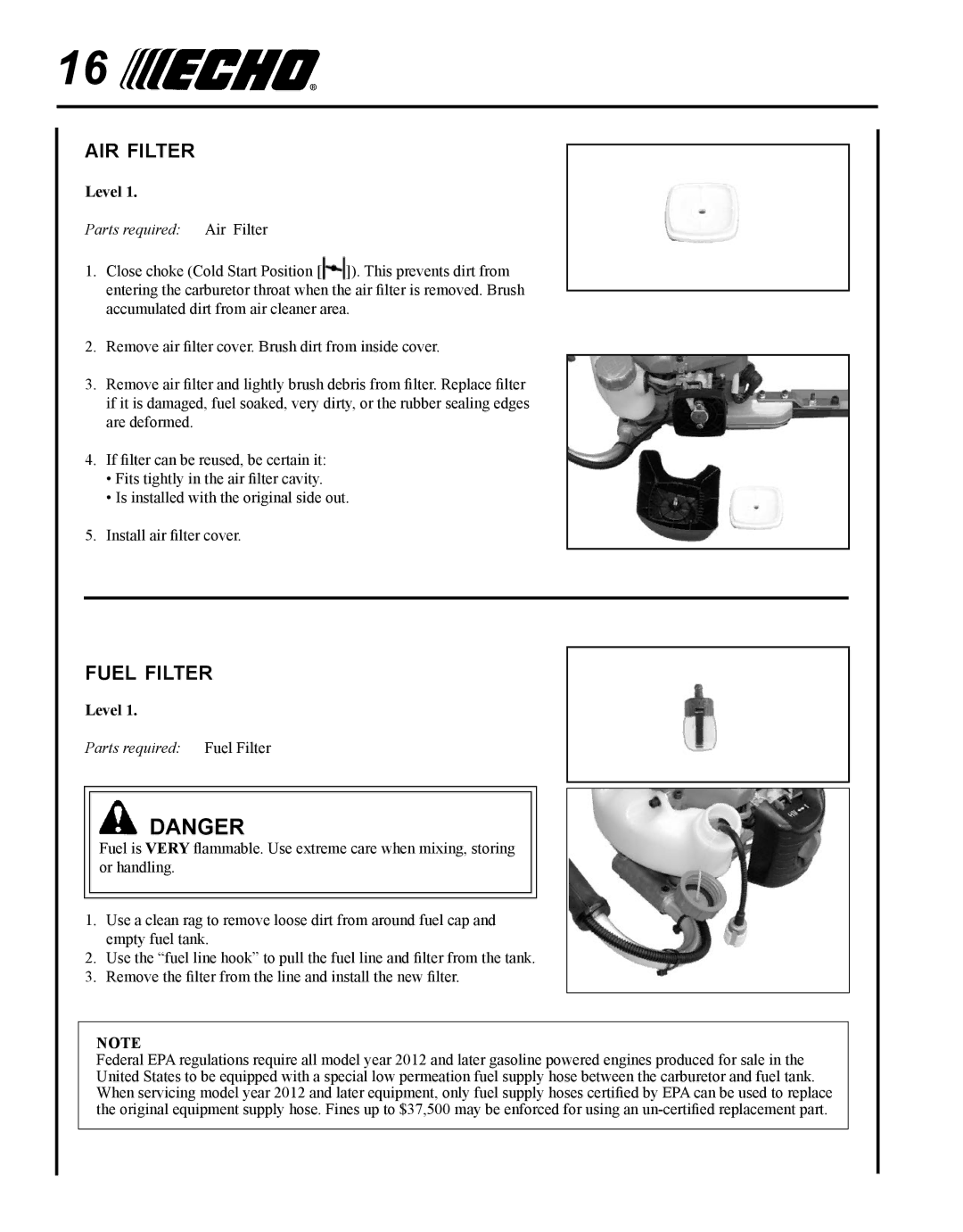 Echo HC-235 manual Air filter, Fuel filter 